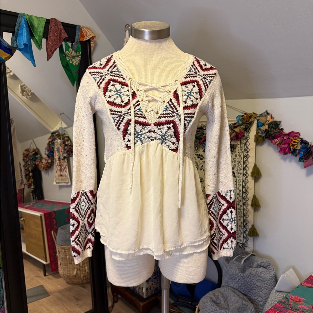Abercrombie & Fitch Boho Cream and multicolored Patterned Sweater/Blouse